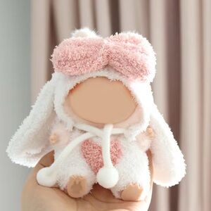 New! Labubu White with Pink heart and Bow Bunny Rabbit Outfit fits most 17 cm